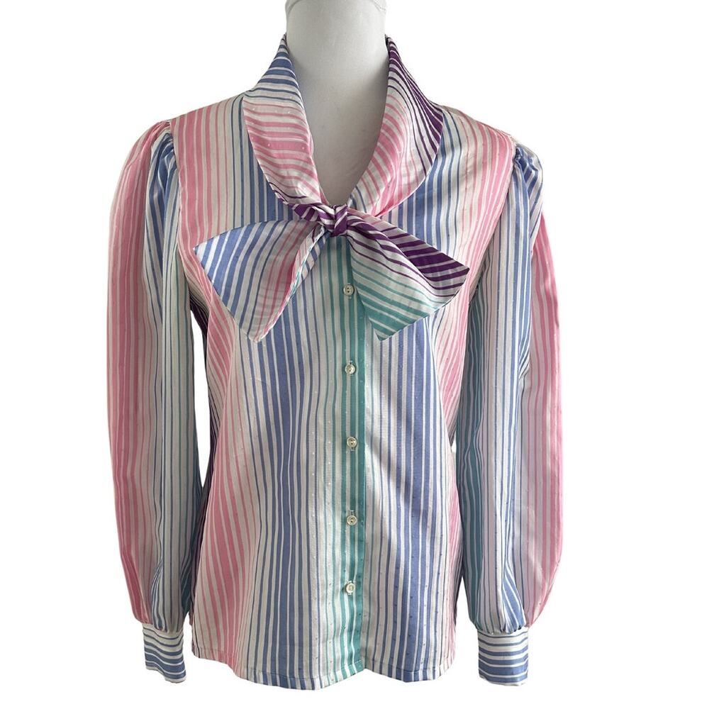 Judy Bond Pastel Striped Secretary / Bow Blouse Retro VTG Secretary Blouse I 10